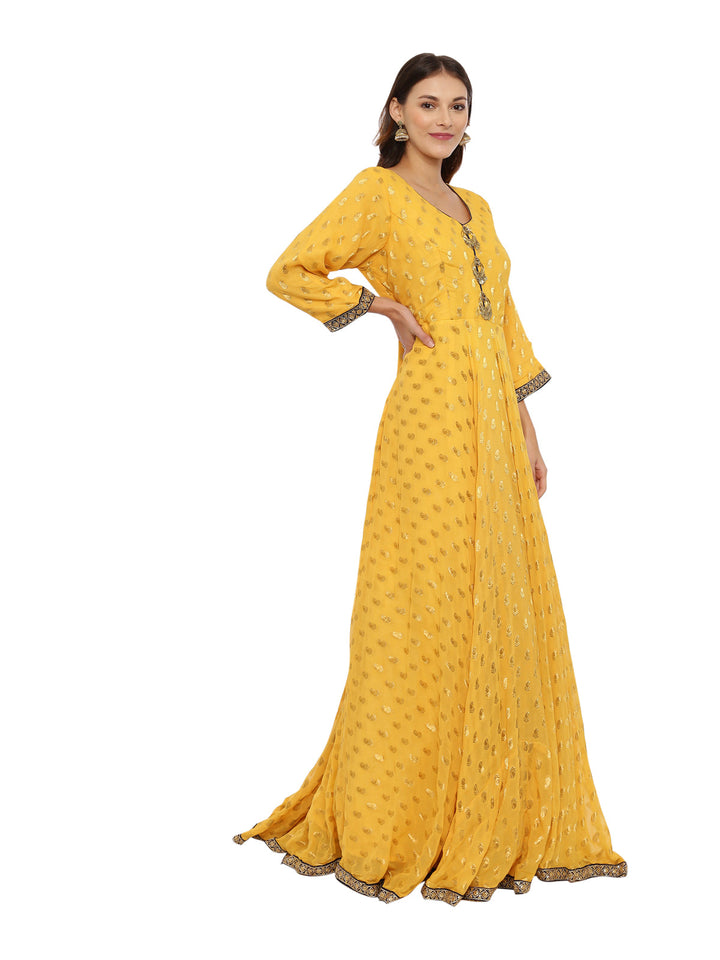 Neerus Yellow cotton woven Anarkali kurti - side view