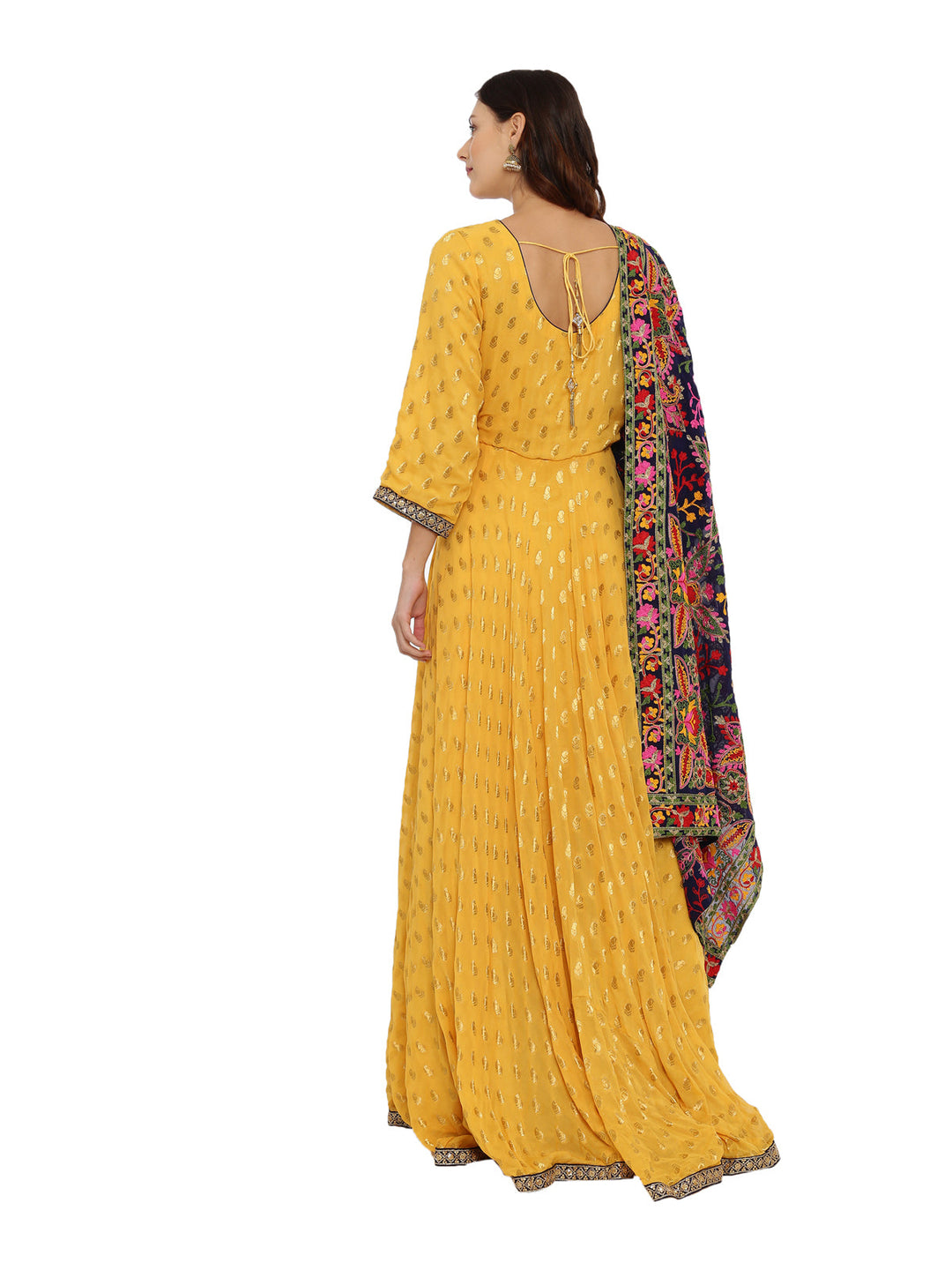 Neerus Yellow cotton woven Anarkali kurti - detail view 1