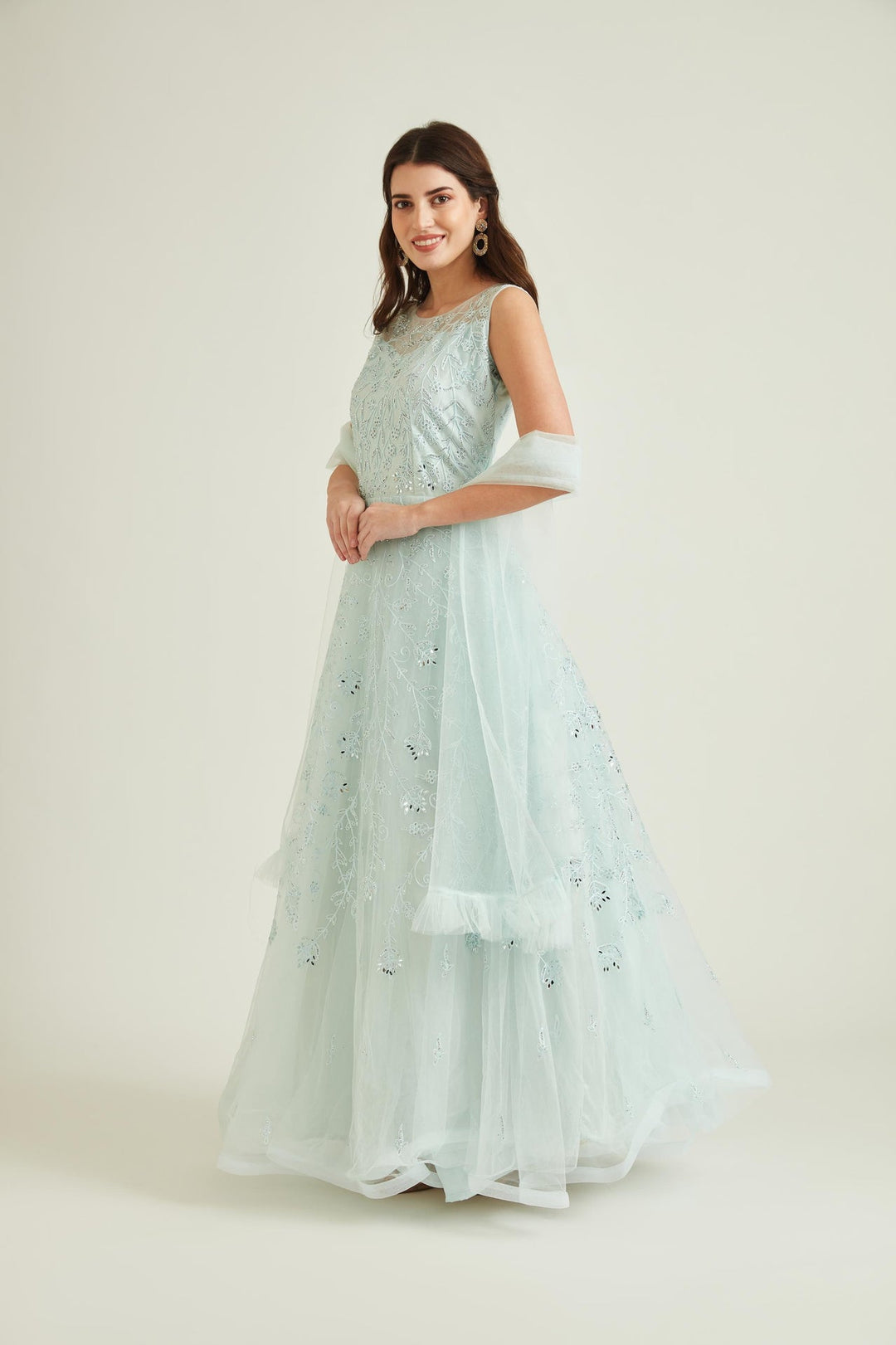 Neerus Blue net embroidered gown - front view