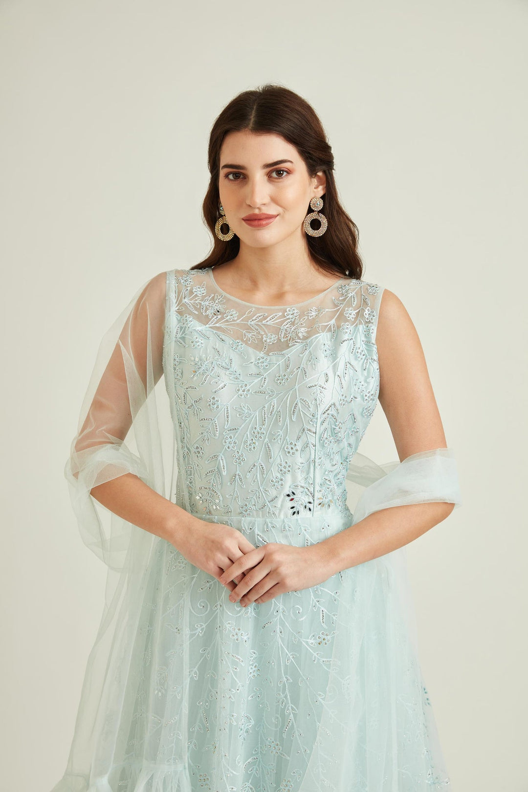Neerus Blue net embroidered gown - side view