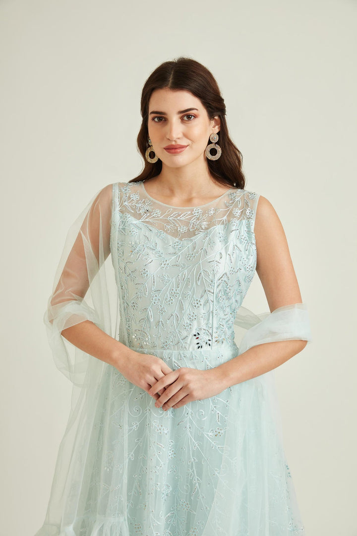 Neerus Blue net embroidered gown - side view