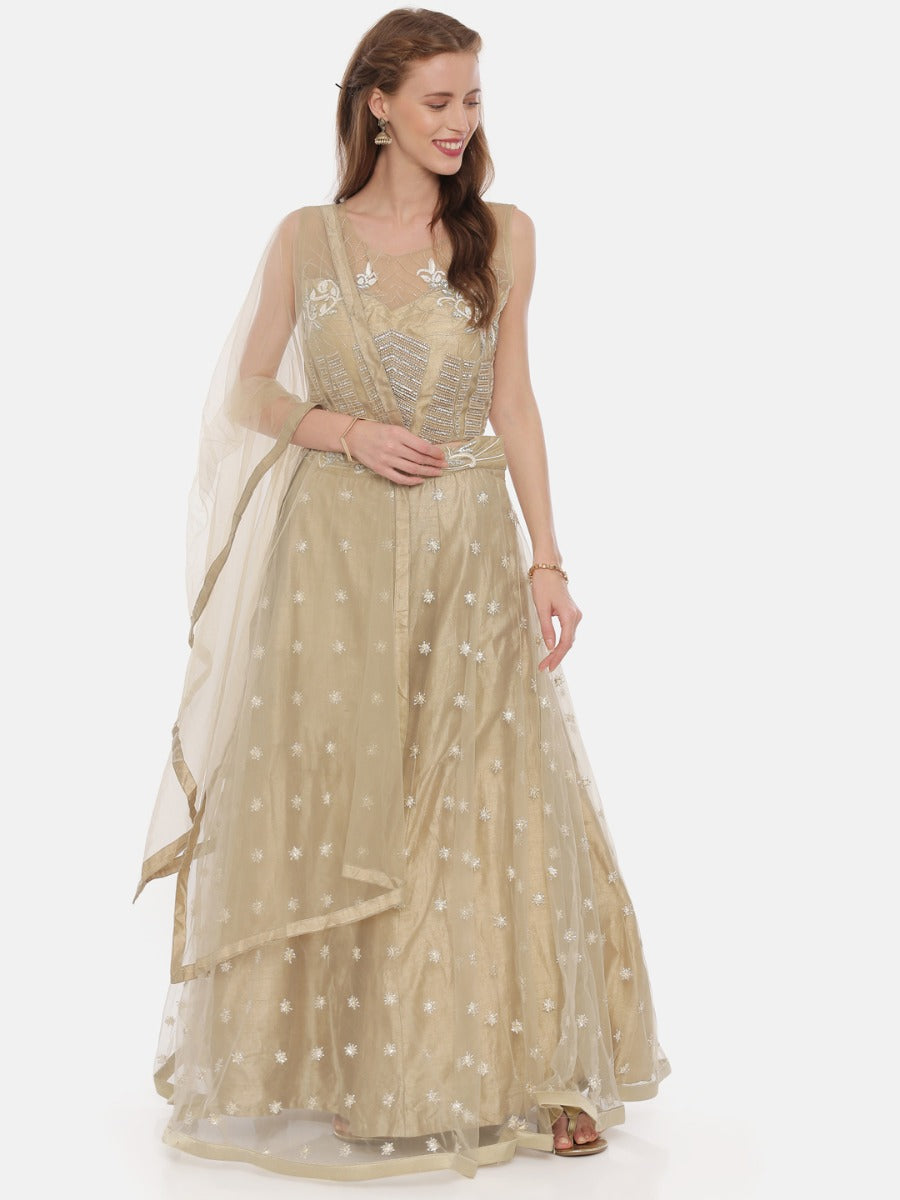 Neerus Beige net embellished lehenga set - front view