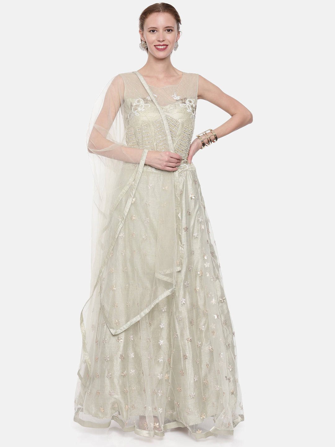 Neerus Grey net embellished lehenga set - front view