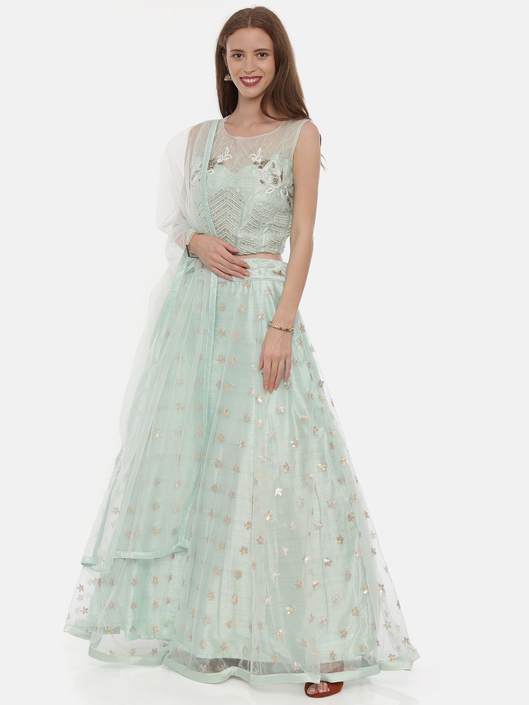 Neerus Green net embellished lehenga set - detail view 1