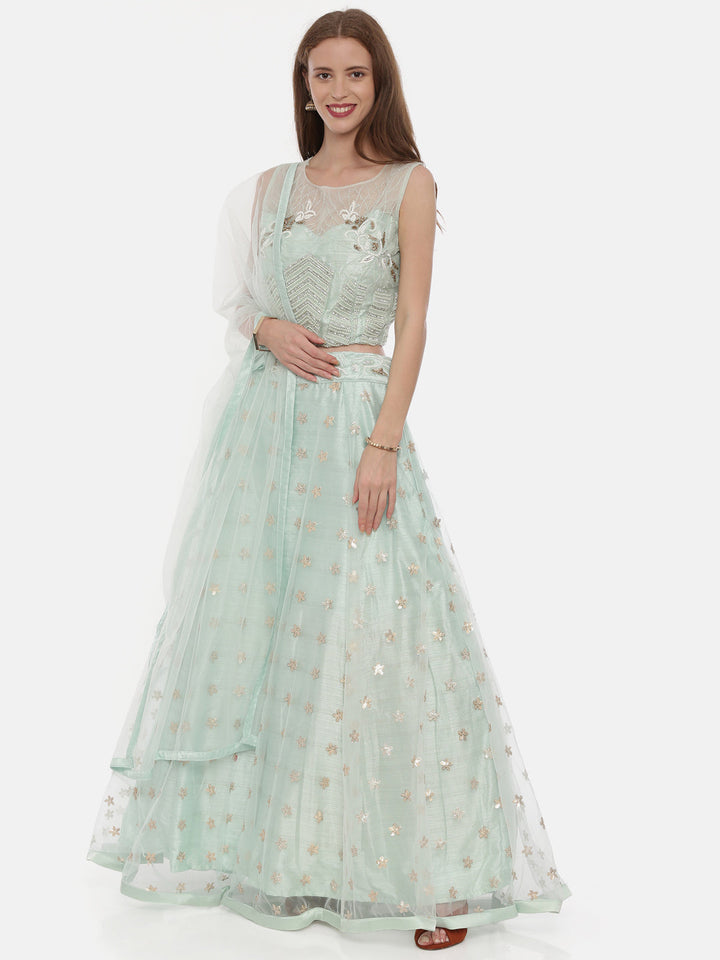 Neerus Green net embellished lehenga set - detail view 1