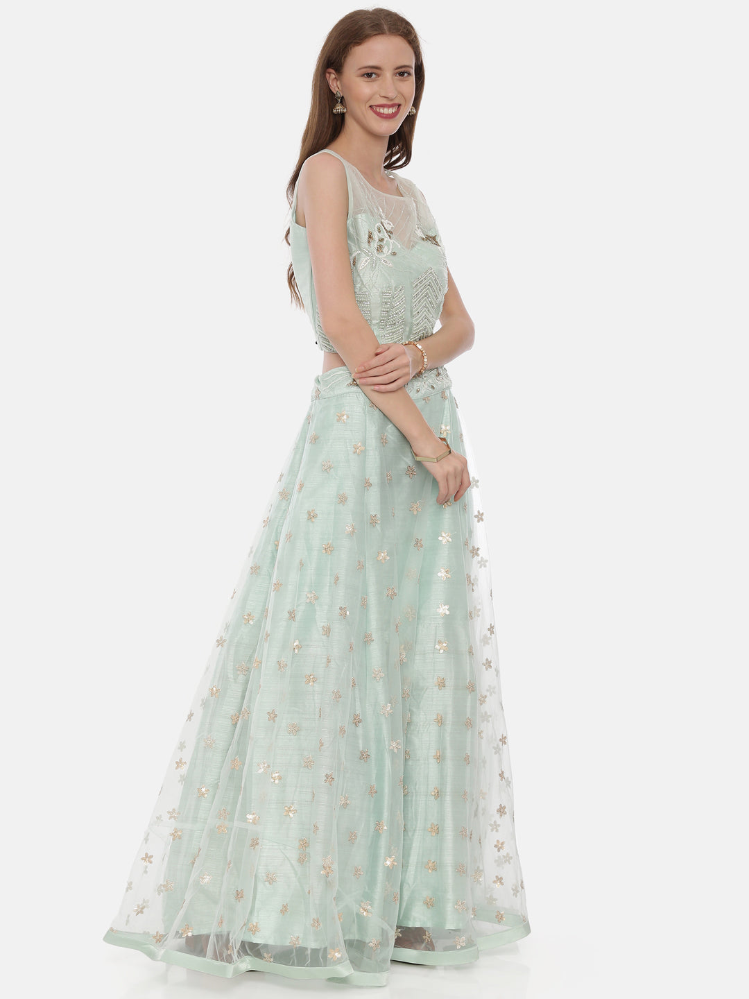 Neerus Green net embellished lehenga set - detail view 2