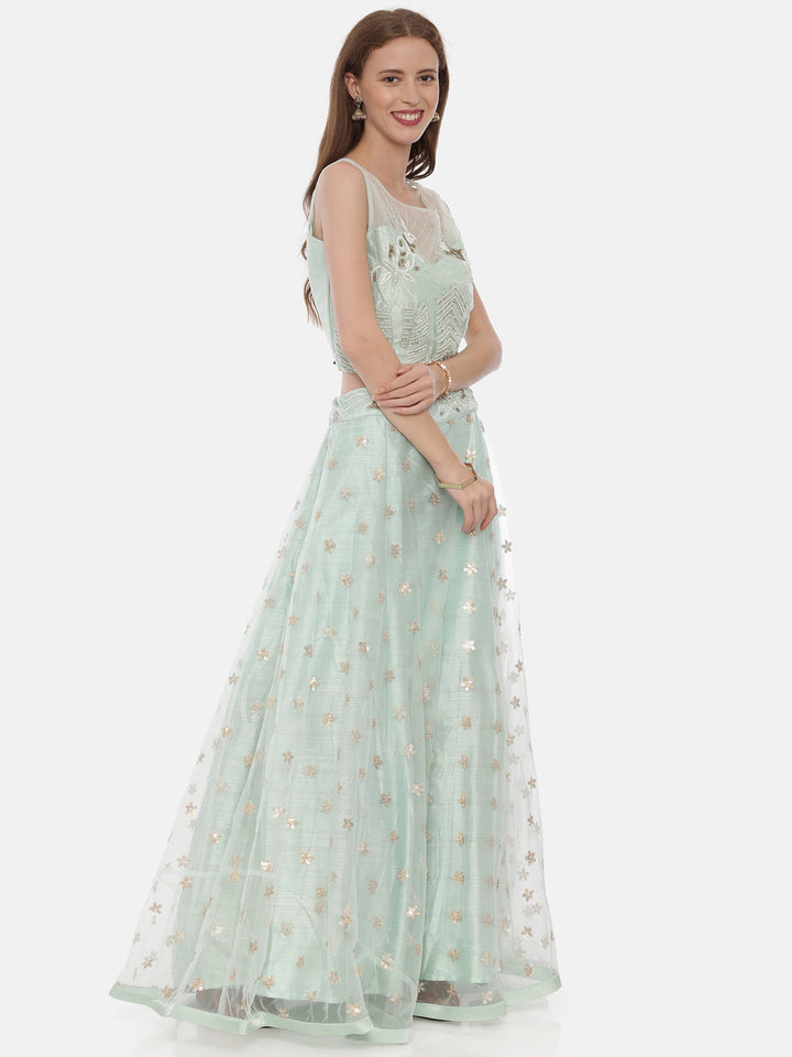 Neerus Green net embellished lehenga set - detail view 2