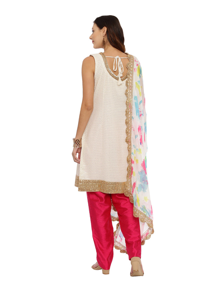 Neerus White embellished kurta set with salwar and dupatta - detail view 1