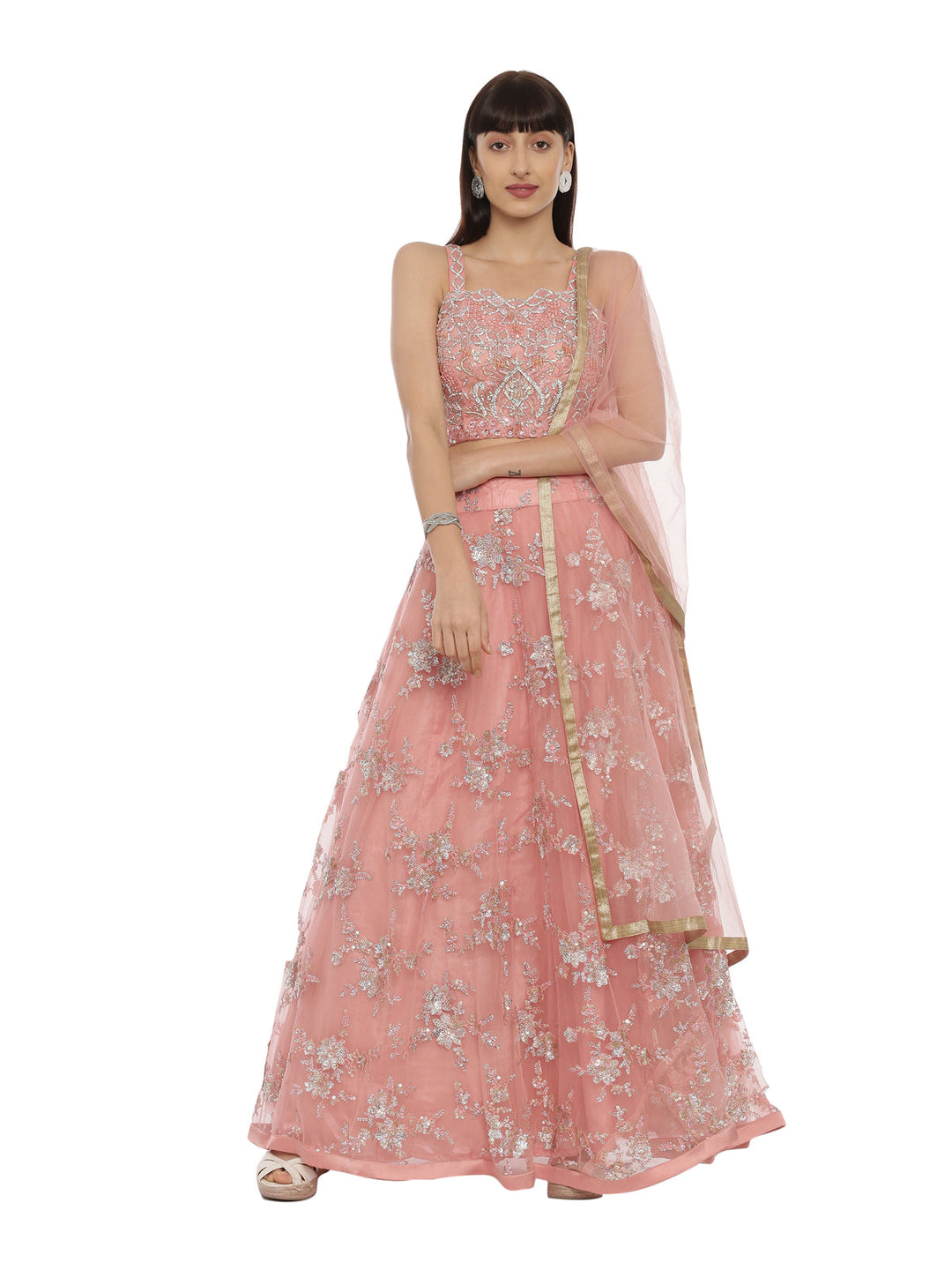 Neerus Orange net embellished lehenga set - front view
