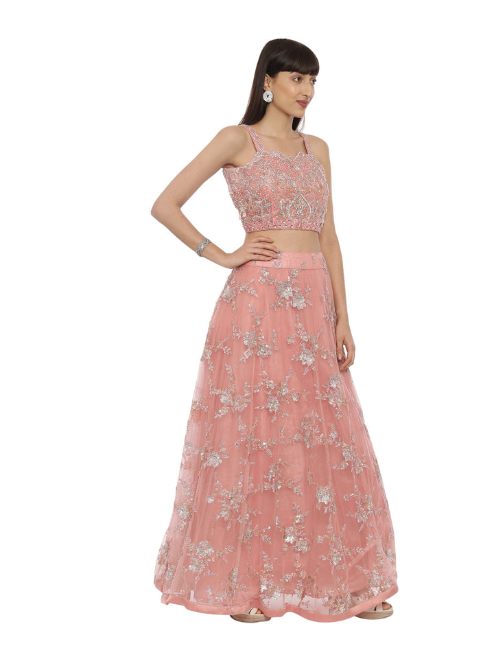 Neerus Orange net embellished lehenga set - detail view 1