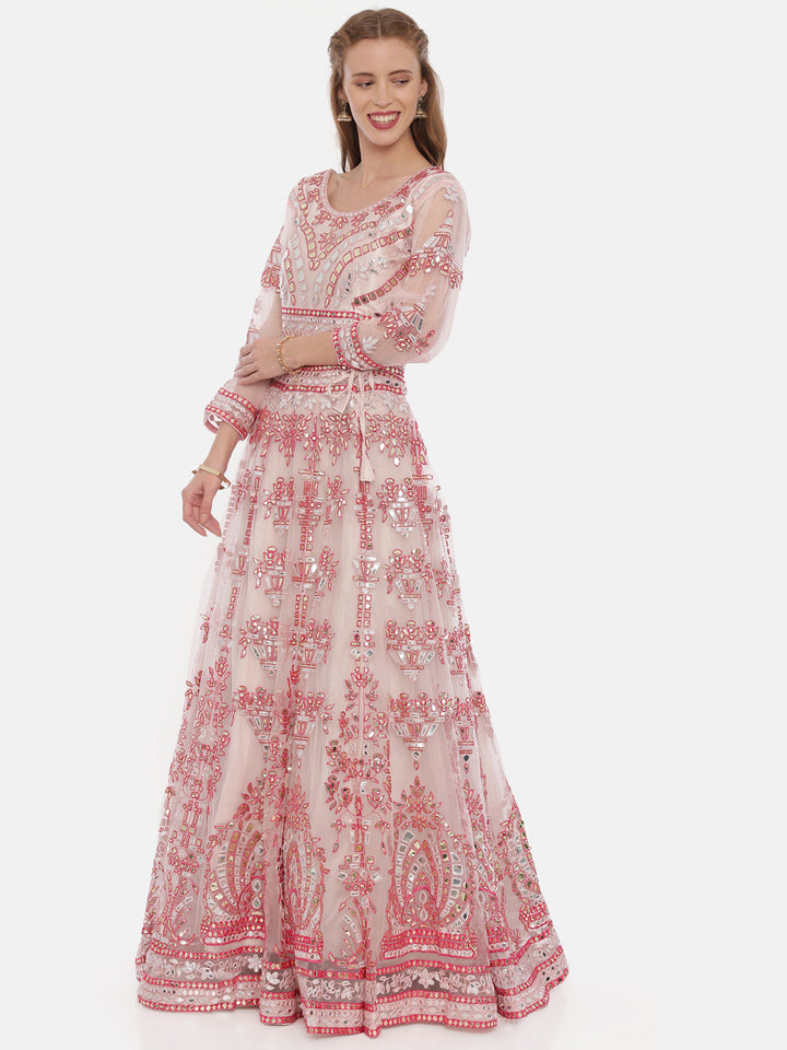 Neerus Pink net embellished lehenga set - detail view 1