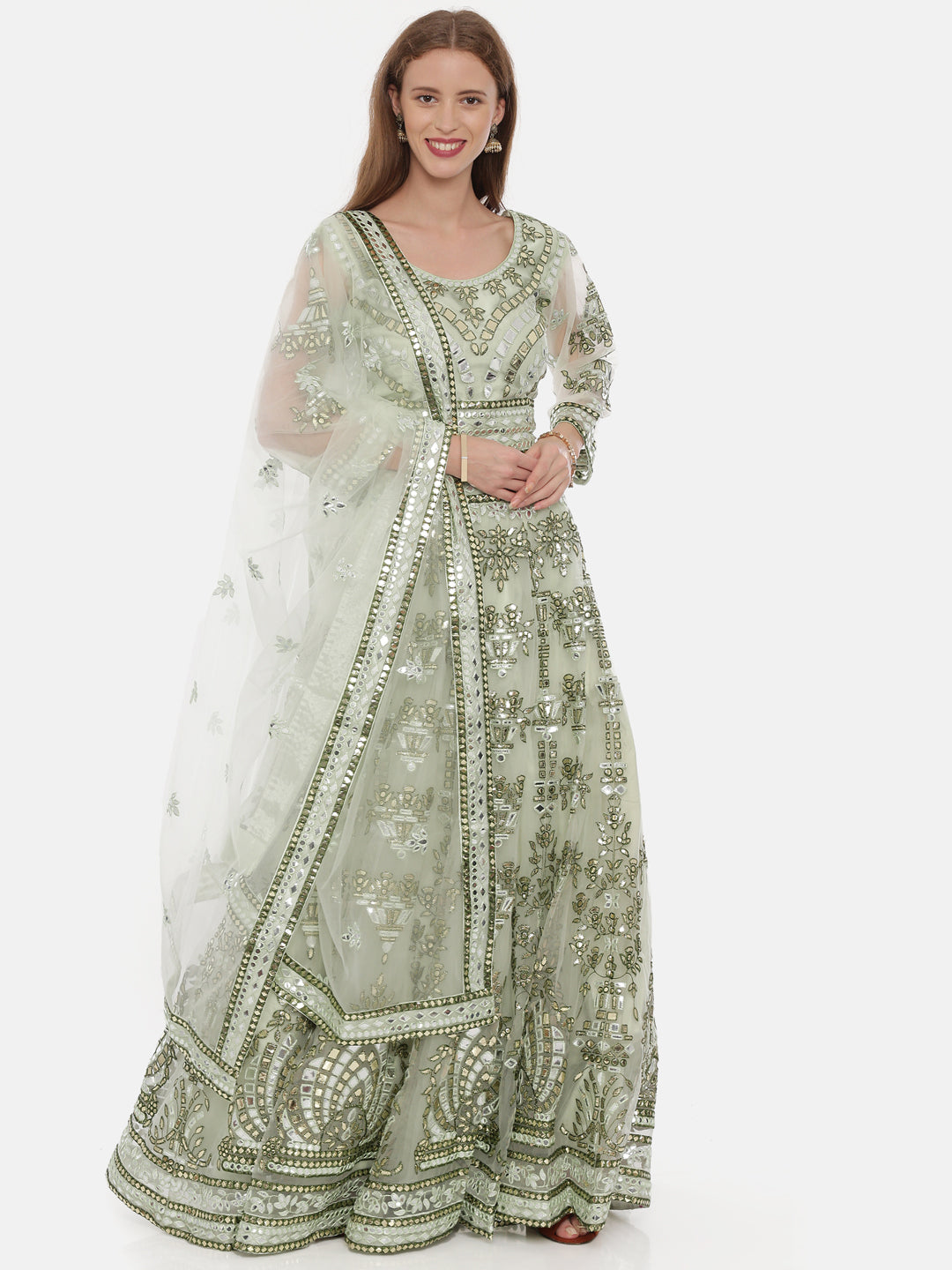 Neerus Green net embellished lehenga set - front view
