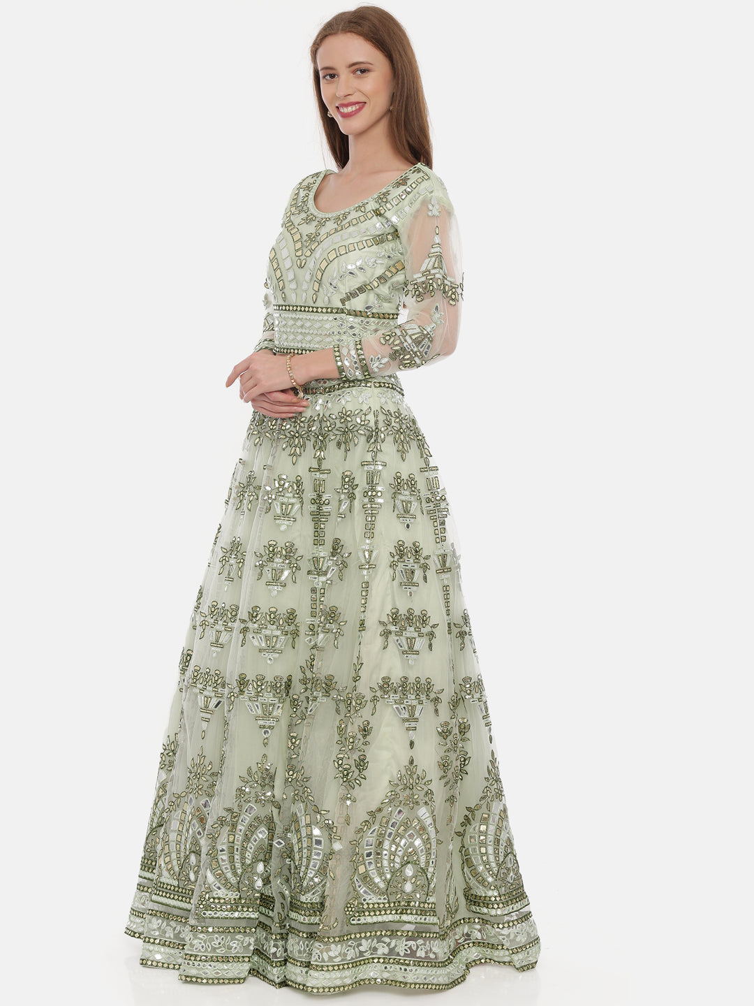 Neerus Green net embellished lehenga set - detail view 1