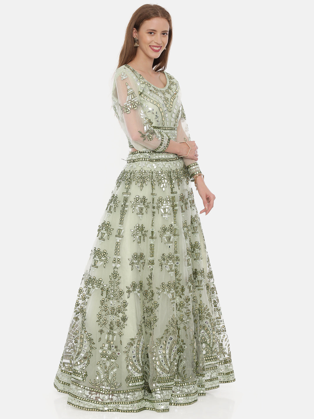 Neerus Green net embellished lehenga set - detail view 2