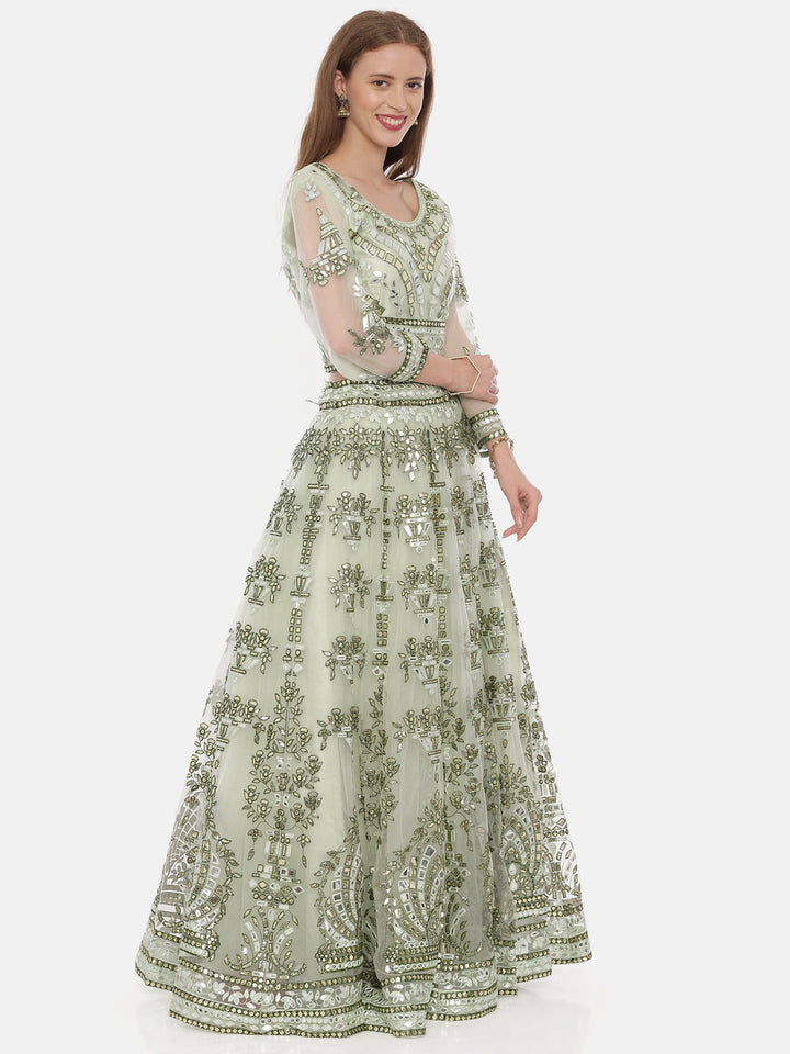 Neerus Green net embellished lehenga set - detail view 2