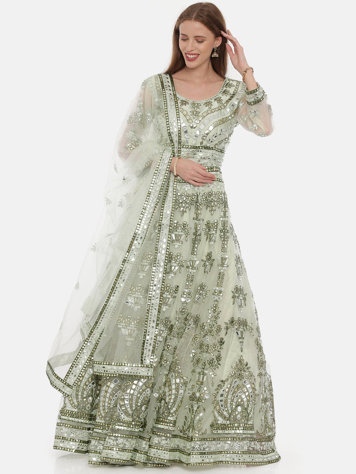 Neerus Green net embellished lehenga set - detail view 4