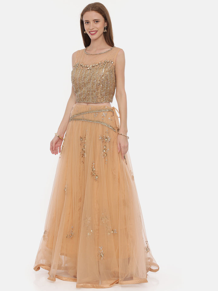 Neerus Orange net embellished lehenga set - detail view 1