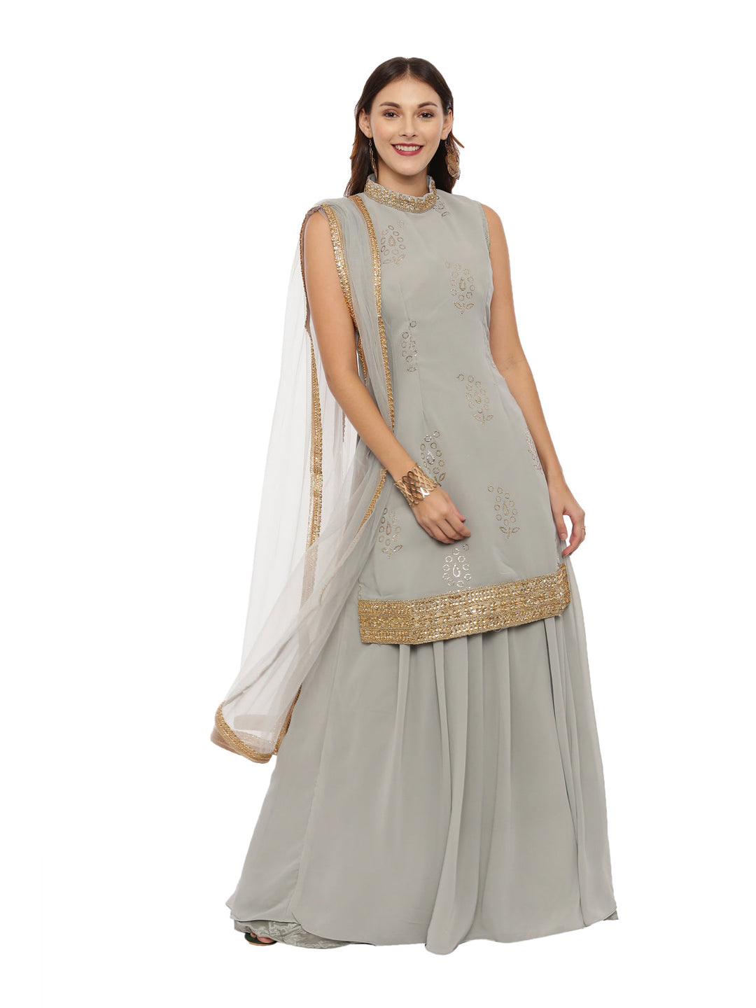 Neerus Grey georgette sleeveless suit skirt set - front view