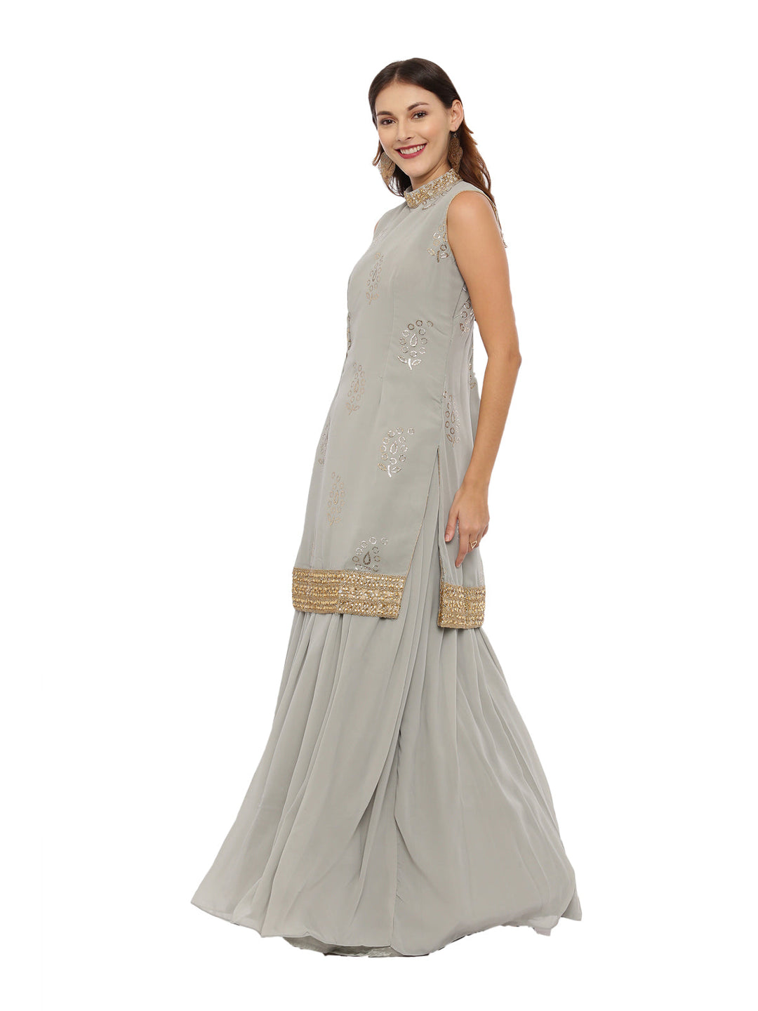 Neerus Grey georgette sleeveless suit skirt set - detail view 2