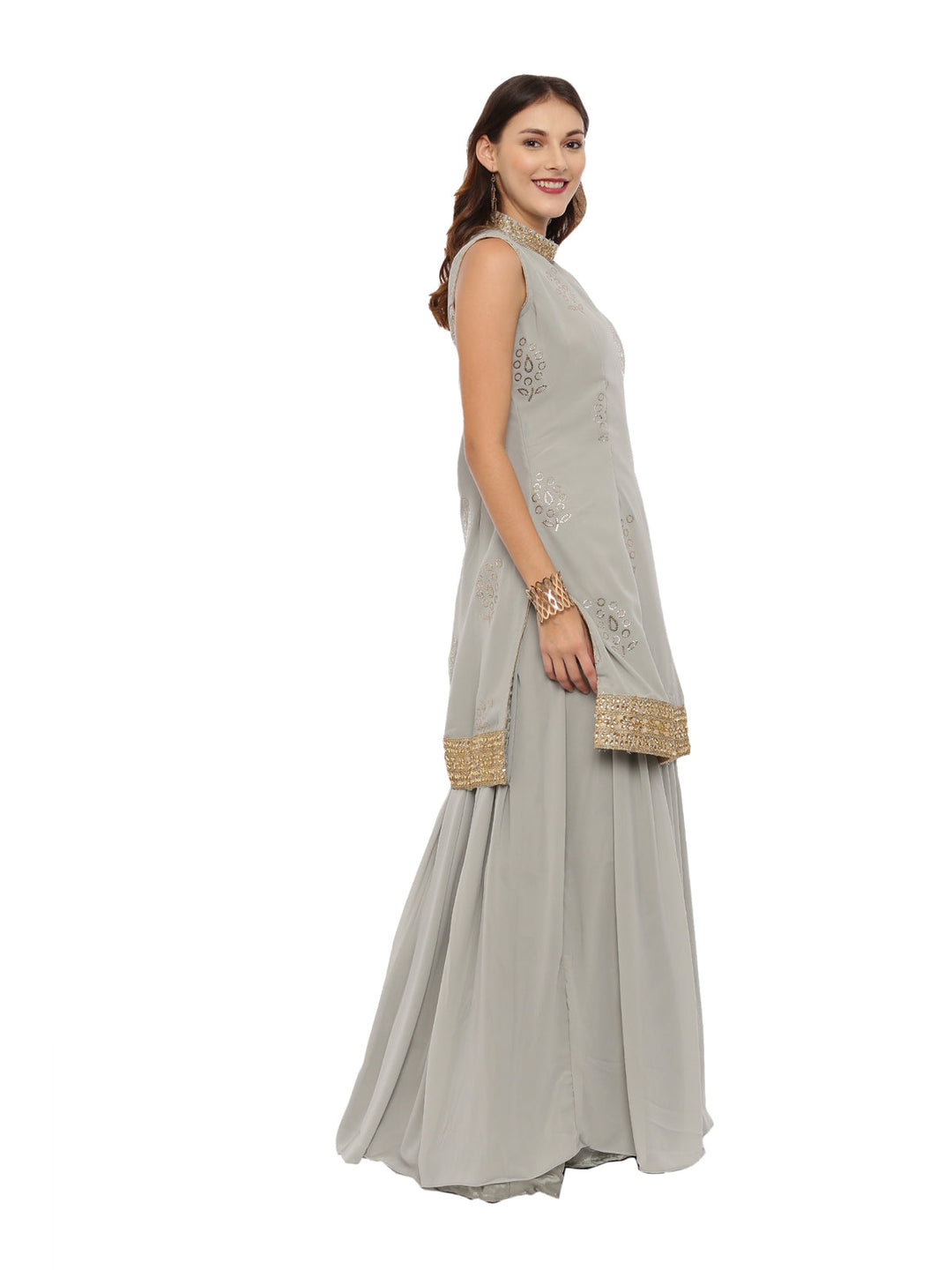 Neerus Grey georgette sleeveless suit skirt set - side view