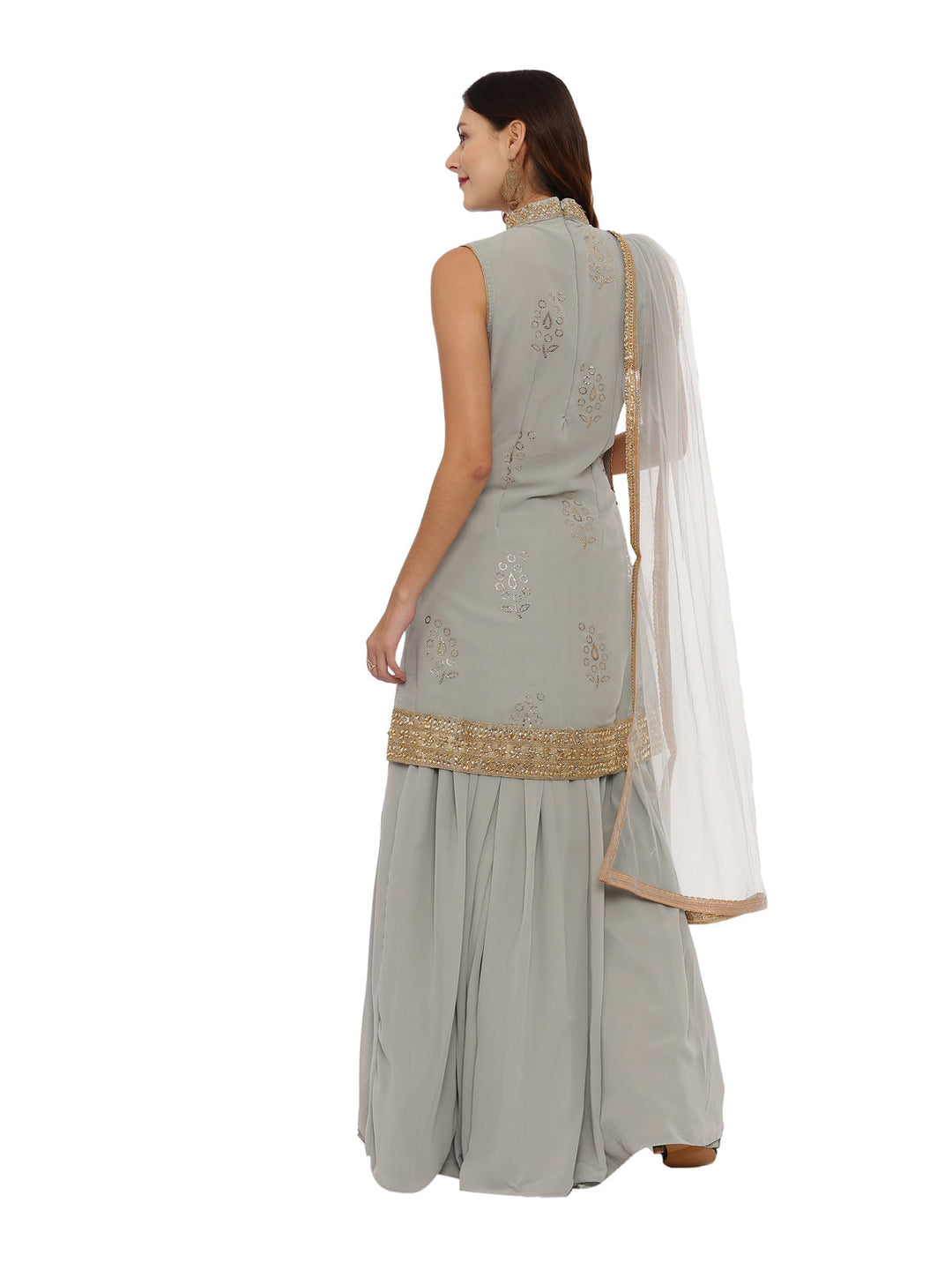 Neerus Grey georgette sleeveless suit skirt set - detail view 1