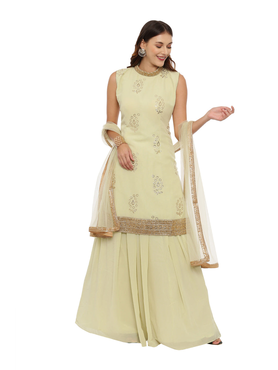 Neerus Green georgette sleeveless suit skirt set - front view