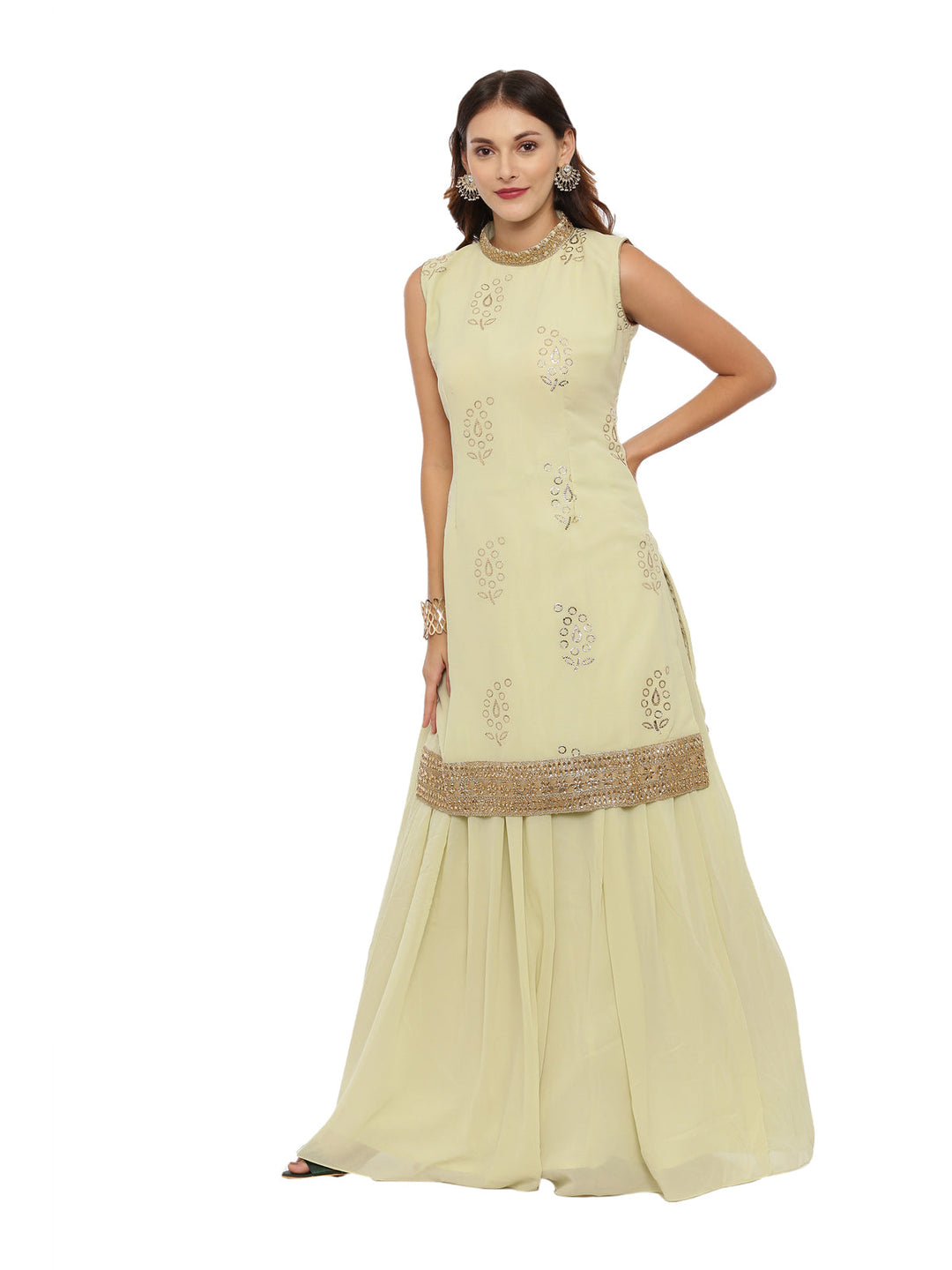 Neerus Green georgette sleeveless suit skirt set - detail view 2