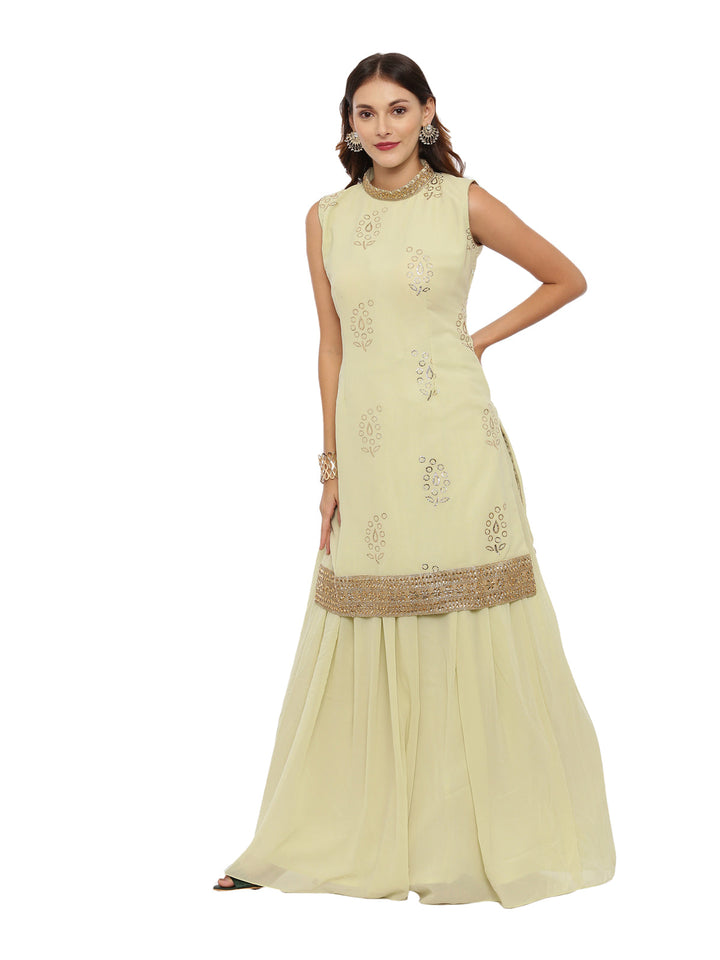 Neerus Green georgette sleeveless suit skirt set - detail view 2