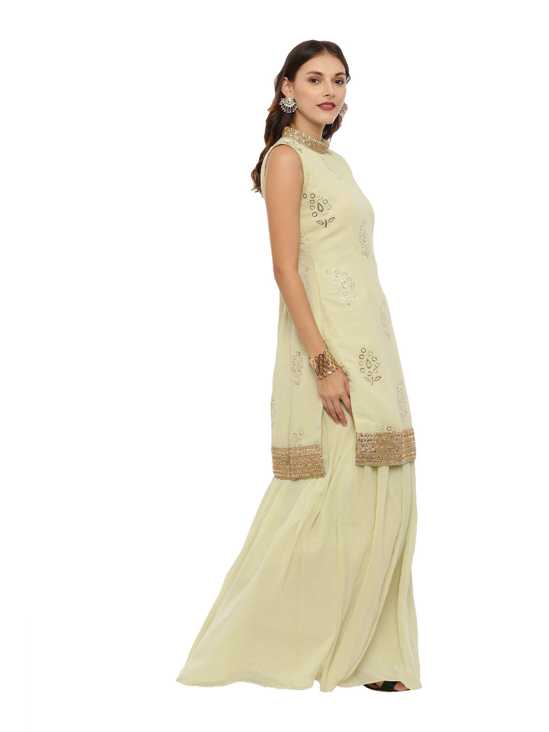 Neerus Green georgette sleeveless suit skirt set - side view
