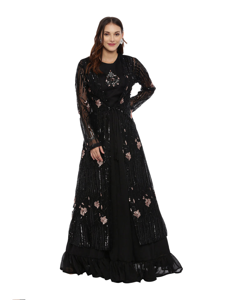 Neerus Black embellished co-ord set top skirt jacket - front view