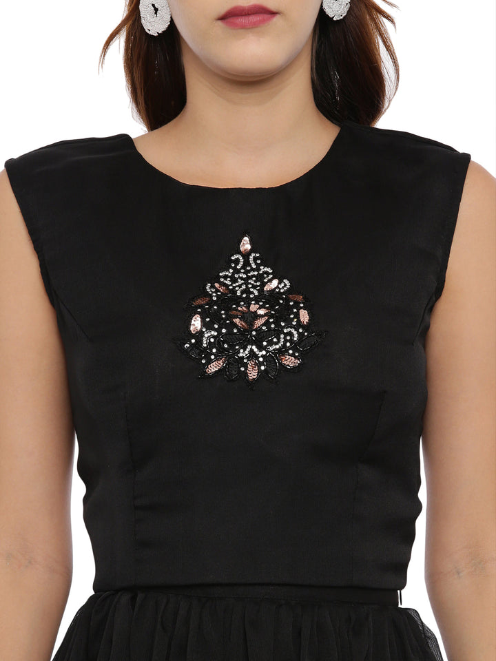 Neerus Black embellished co-ord set top skirt jacket - back view
