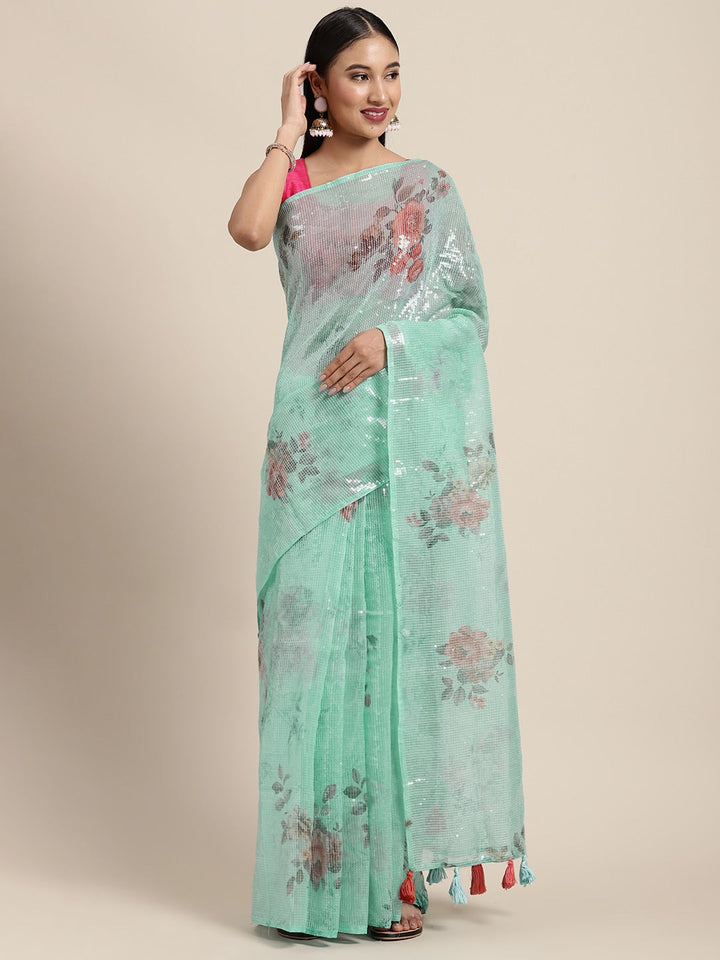Neerus Blue Organza Saree - front view