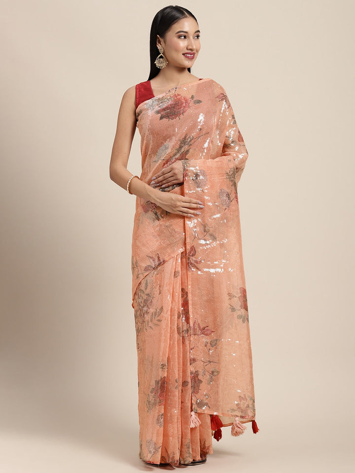 Neerus Orange Organza Saree - front view