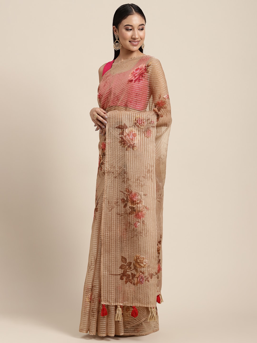 Neerus Beige organza embellished saree - front view