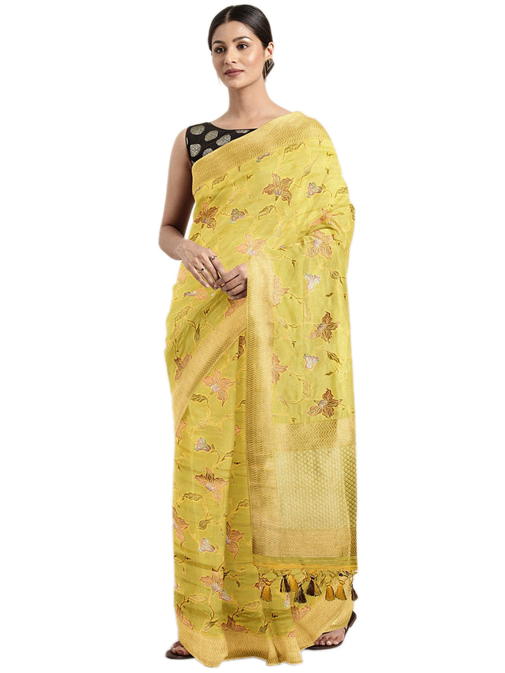 Neerus Yellow Banarasi printed saree with blouse piece - front view