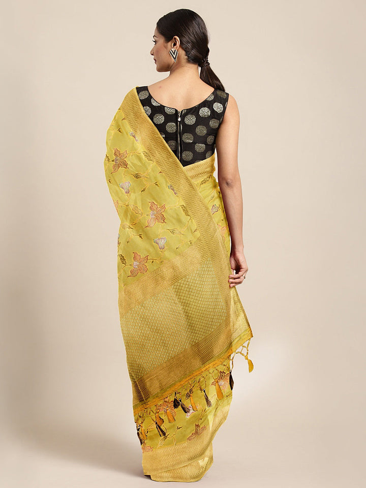 Neerus Yellow Banarasi printed saree with blouse piece - back view