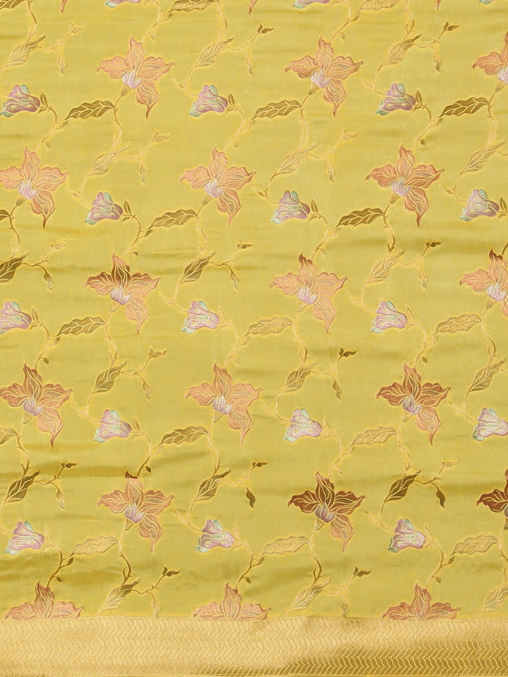 Neerus Yellow Banarasi printed saree with blouse piece - side view