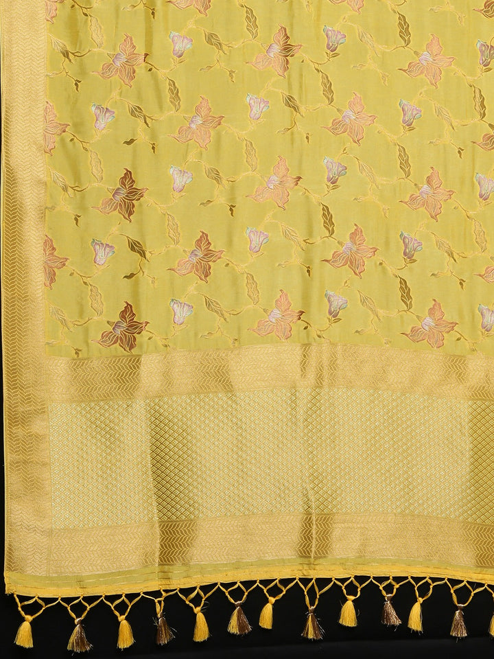 Neerus Yellow Banarasi printed saree with blouse piece - detail view 1