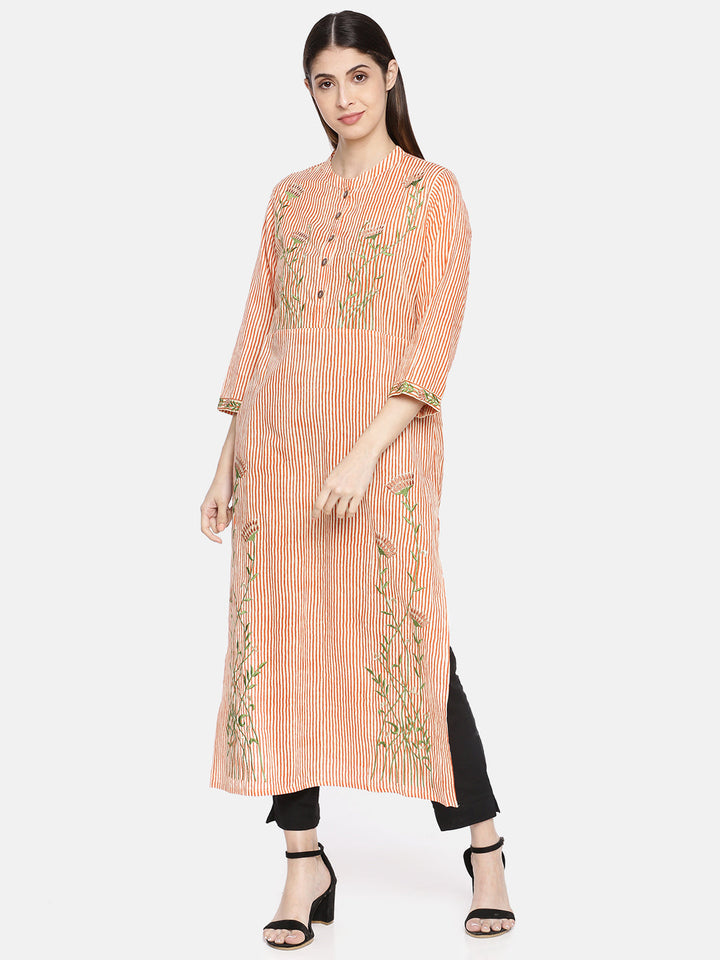 Neerus Orange cotton printed straight kurta - front view