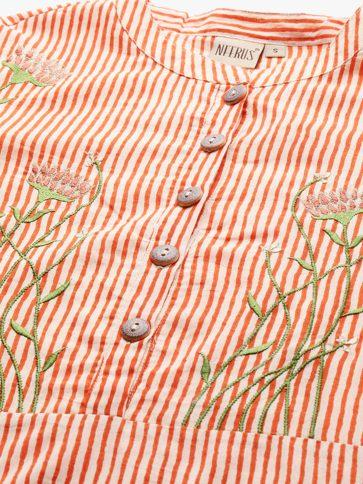 Neerus Orange cotton printed straight kurta - back view