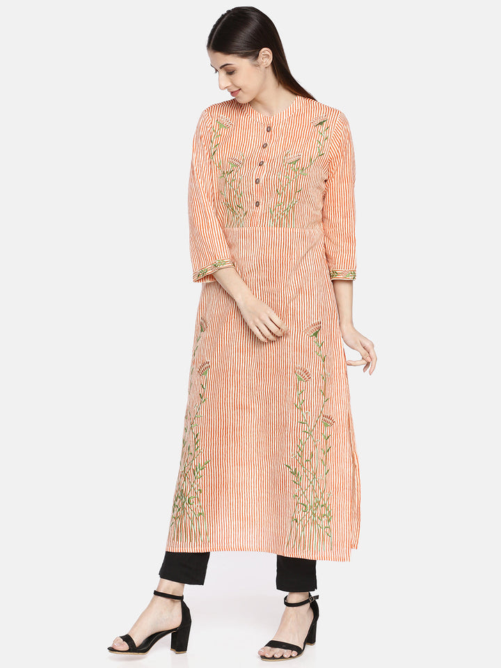 Neerus Orange cotton printed straight kurta - side view