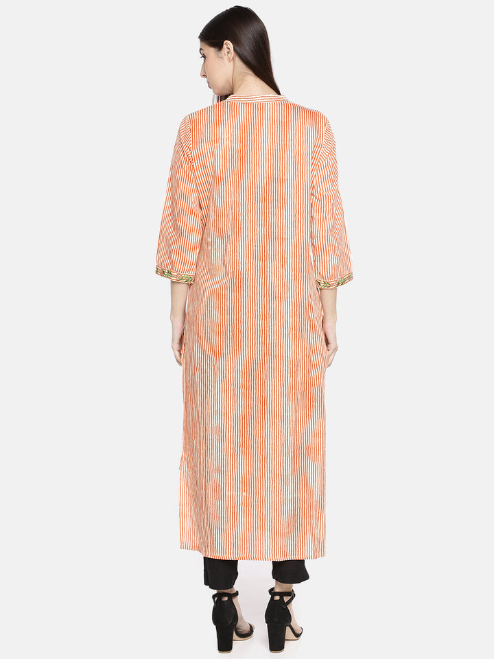 Neerus Orange cotton printed straight kurta - detail view 1