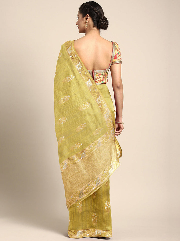 Neerus Yellow Banarasi printed saree - back view