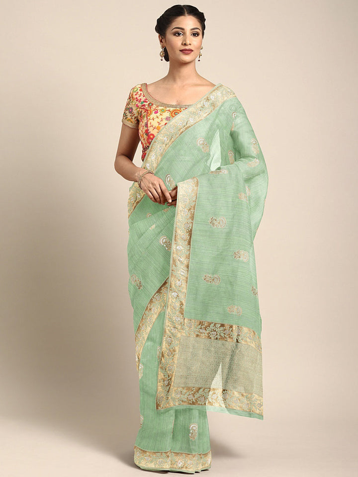 Neerus Green Banarasi woven saree - front view