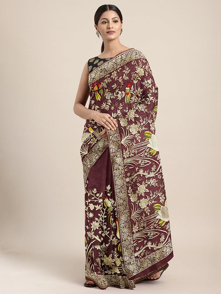 Neerus Maroon Banarasi woven saree - front view