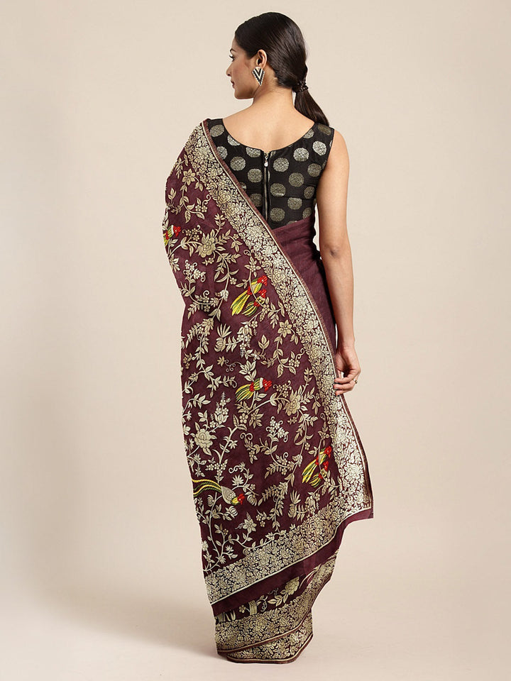 Neerus Maroon Banarasi woven saree - back view