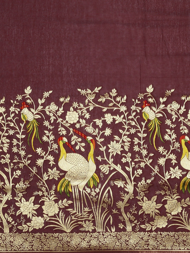 Neerus Maroon Banarasi woven saree - side view