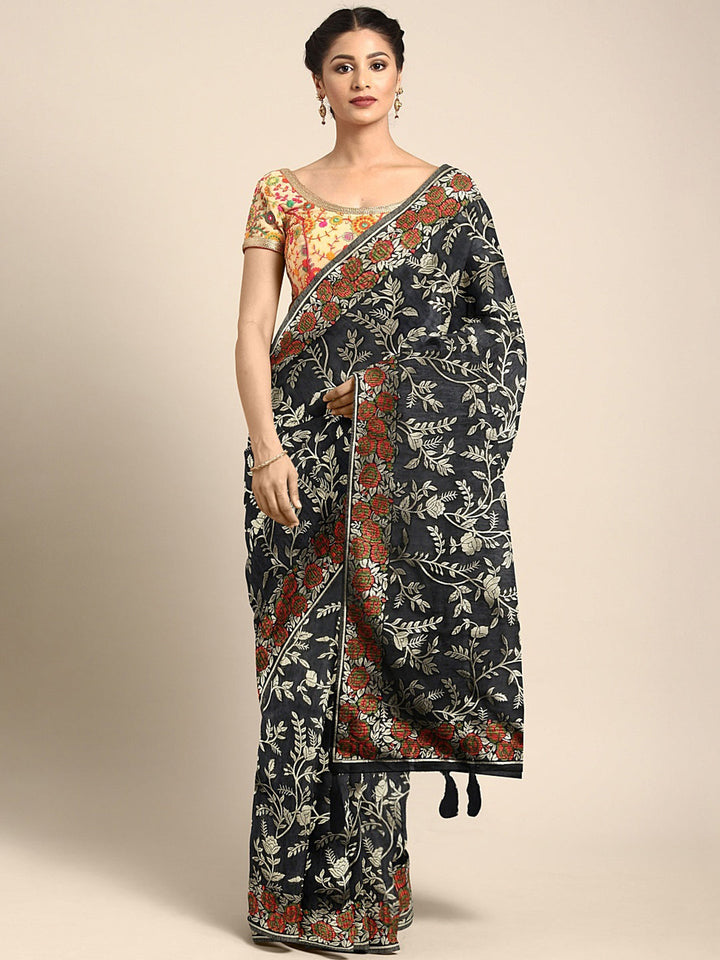 Neerus Black Banarasi woven saree - front view