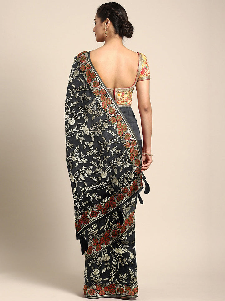 Neerus Black Banarasi woven saree - back view