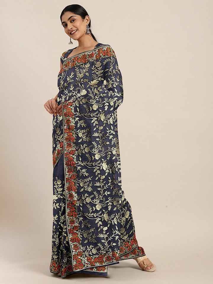 Neerus Blue Banarasi woven saree - front view